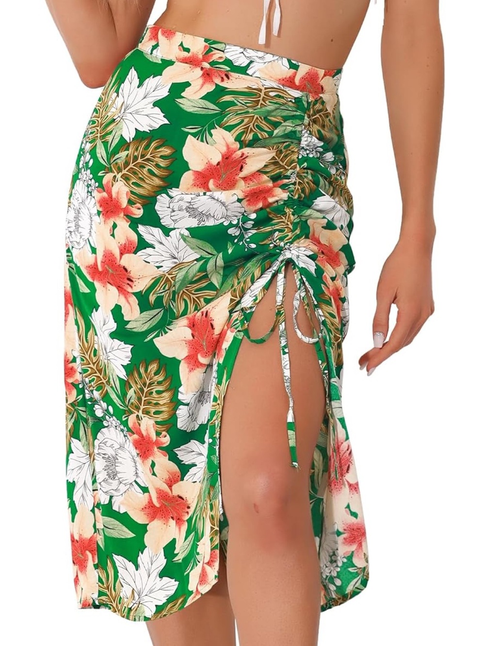 Green Floral Ruched Side-Tie Skirt L